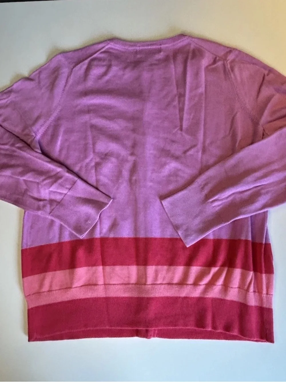 Lands' End Pink Striped Crewneck Cardigan Sweater